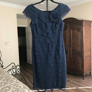 LONDON TIMES ROSETTE COCKTAIL DRESS TIERED NAVY 6P